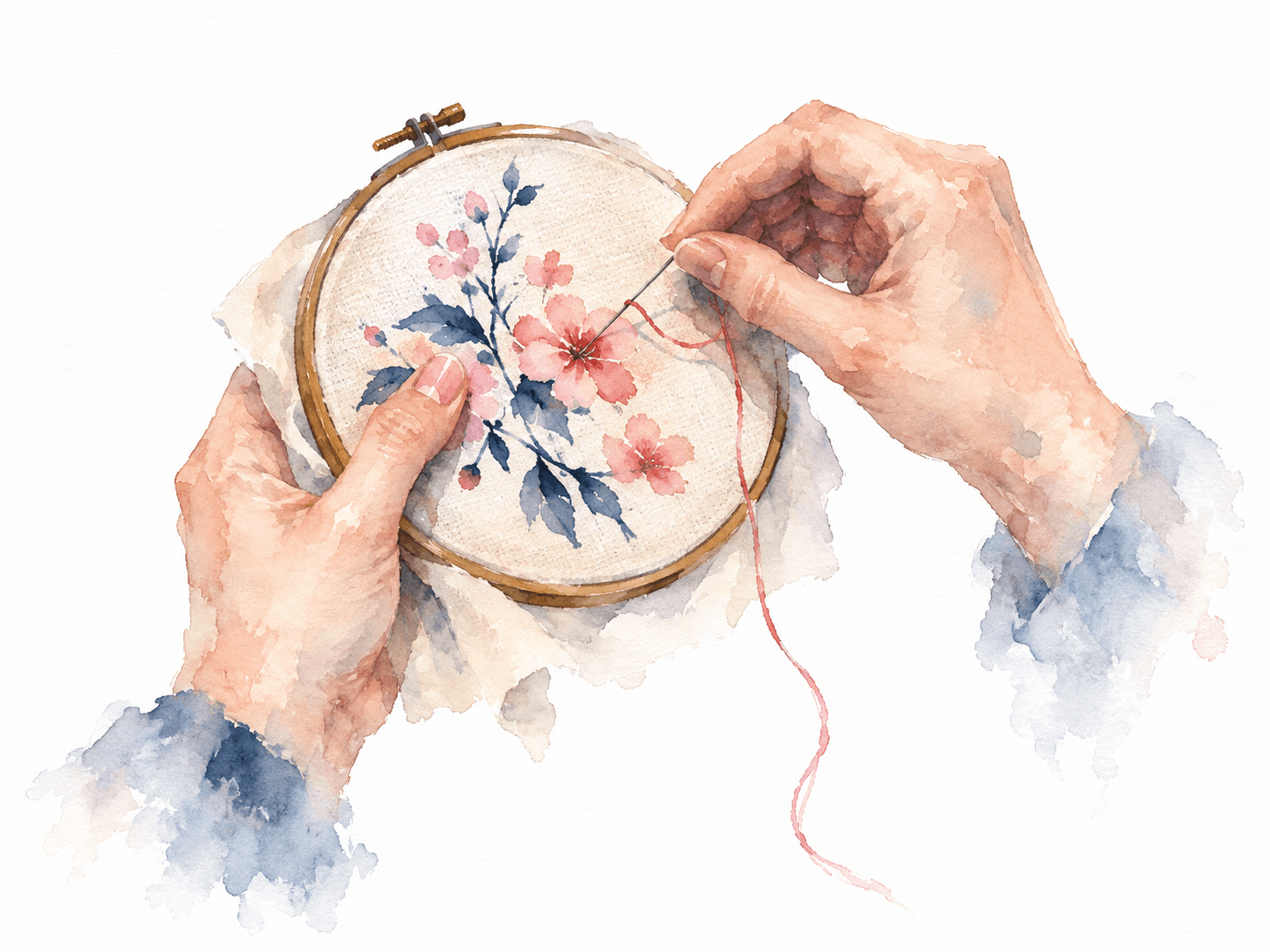 Watercolor of hands stitching in a hoop